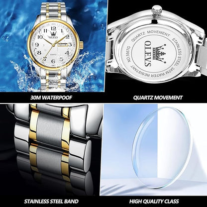 OLEVS Mens Watch Stainless Steel Analog Quartz Watches for Men Day Date Easy Read Diamond Waterproof Dress Luxury Classic Casual Big Face Blue/Black/Gold/Silver Roman Arabic Numerals Men's Wrist Watch