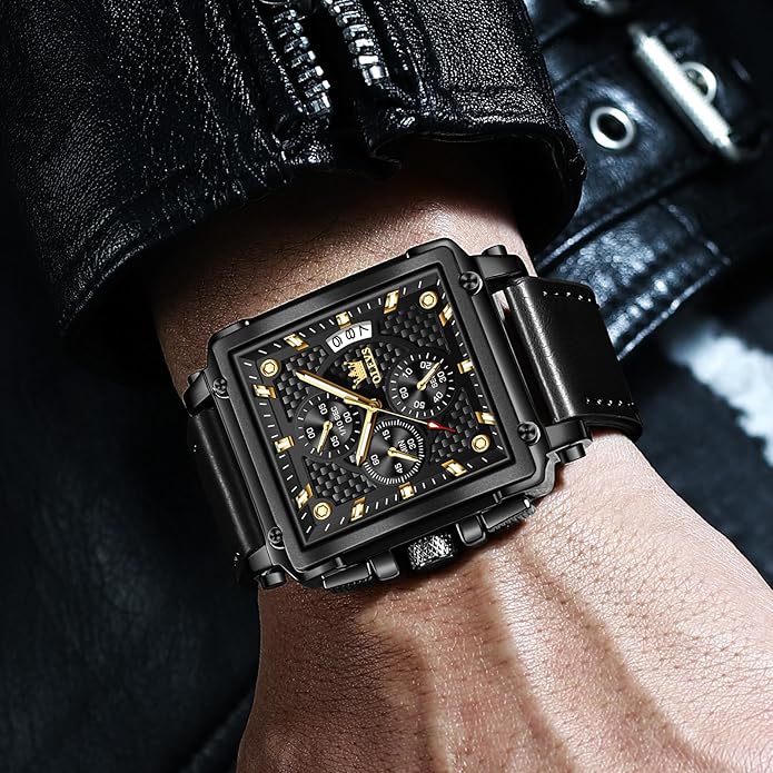 OLEVS Men's Chronograph Leather Watch, Big Face Easy to Read Analog Quartz Dress Watch, Casual Waterproof Luminous Hands Date Watches for Men, White/Blue/Black/Gold Dial