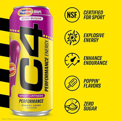 Cellucor C4 Energy Drink x Grape Popsicle, Carbonated Sugar Free Pre Workout Performance Drink with no Artificial Colors or Dyes, 16 Oz, Pack of 24