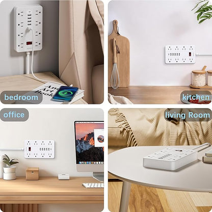 Power Strip with USB, Flat Plug Extension Cord Surge Protector 5 Ft, HUNIAN Power Strip with 8 Widely Spaced Outlets 6 USB Charger (1 USB C Port), Desk Charging Station for Home Office, White