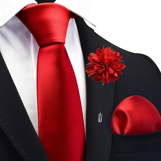 Branduce 3.15"（8cm） Pre-tied Adjustable Zipper Tie and Lapel Pin Solid Necktie Handkerchief Set for Men
