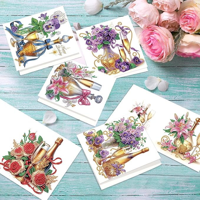 jinglinhh 12pcs Diamond Art Painting Flower Drink Greeting Cards with Envelopes, DIY Card Making Kits for Adults, Diamond Art Postcards Christmas Cards Craft Gifts