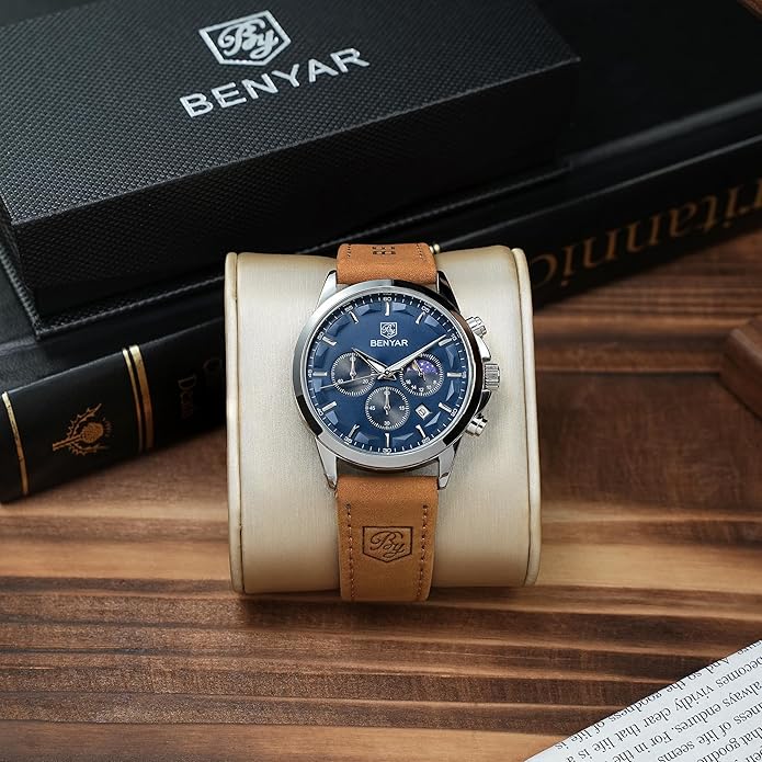 BY BENYAR Mens Watches Analog Quartz Chronograph Waterproof Wrist Watches for Men Fashion Business Work Casual Sport Designer Dress Watch with Calendar Elegant Gifts for Men