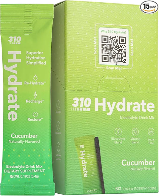 310 Nutrition Sugar Free Electrolytes Powder - Instant Hydration Packets for Daily Fluid Balance - Caffeine-Free Rehydration Drink Mix w/Vitamins, Low Calorie & Keto Friendly - Cucumber 15 Singles