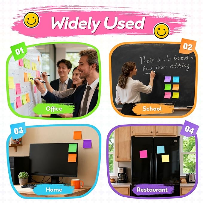Sticky Notes 16 Pads, 3x3 Inch Self-Stick Notes with 8 Bright Colors, 60 Sheets/Pad, Strong Adhesive Memo Pads for Office, School, Home, Planner & Journal Supplies (960 Sheets Total)