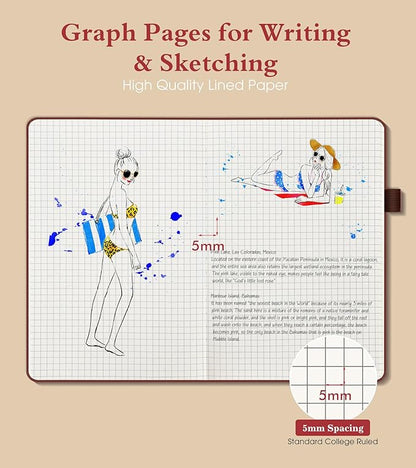 Graph Notebook for Women Men, 160 Pages Grid Paper, Graphing Notebooks for School, Work, Quad Ruled, Inner Pocket, A5 Hardcover Vintage Leather Journals for Writing, 5.8"x8.5" (Brown)