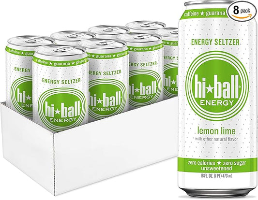 Hiball Clean Energy Drink - Lemon Lime - Zero Sugar, Zero Calorie Sparkling Water with 160mg Organic Caffeine, 50mg Organic Ginseng, 50mg Organic Guarana - 16 fl oz (8-Pack)