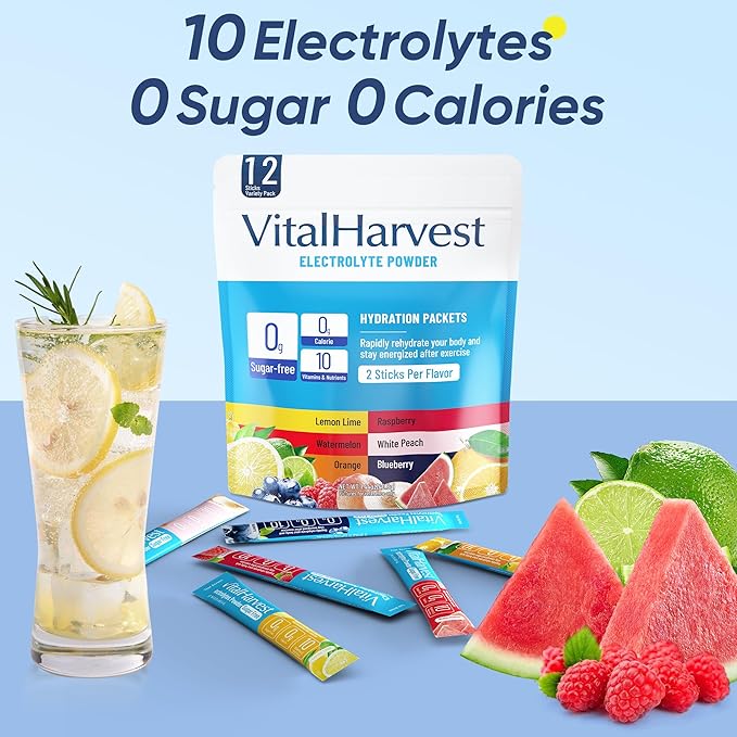VitalHarvest 12 Sticks Electrolytes Powder Packets 6 Flavors Sugar Free Hydration Packets Electrolyte Liquid Daily IV Drink Mix with Lemon Lime, Watermelon, Orange, Raspberry, White Peach, Blueberry