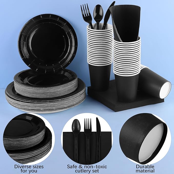 durony 350 Pieces Black Paper Dinnerware Set 7 Inch 9 Inch Disposable Dinner Plates Serve 50 Guests Paper Cup Cutlery Napkins Solid Color Party Supplies for Birthday Wedding Party Family Picnic