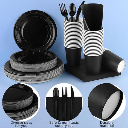 durony 350 Pieces Black Paper Dinnerware Set 7 Inch 9 Inch Disposable Dinner Plates Serve 50 Guests Paper Cup Cutlery Napkins Solid Color Party Supplies for Birthday Wedding Party Family Picnic