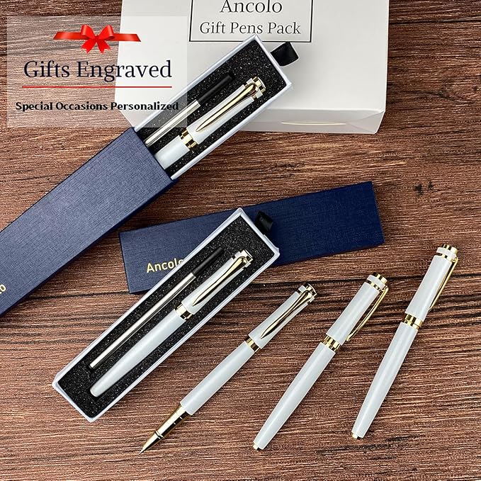 Ancolo Engraved Pens - Modern Roller Pens with 5 Free Personalized Lines, Ultra-Smooth Black Ink, Metal Body, Stylish Gift for Office Colleagues, Friends, Professor, Business