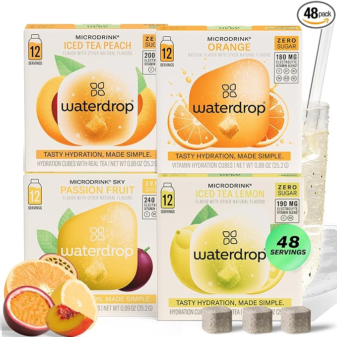 Waterdrop Hydration Cubes With Vitamin C, B Vitamins and Electrolytes, 4 Flavor Electrolyte Variety Pack, Flavored Water Enhancer Cubes for Still & Sparkling Water, Low Calorie, Sugar Free, 48 Count