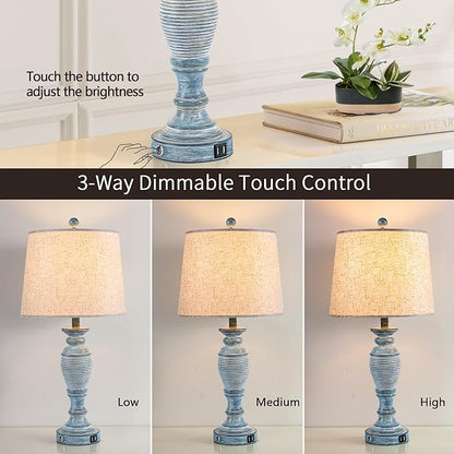 27.7" Table Lamps for Living Room Set of 2, 3 Way Dimmable Touch Lamps for Bedrooms with Dual USB Ports, Farmhouse Lamps for Nightstand,2 Bulbs Included