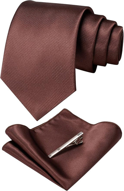 JEMYGINS Solid Color Formal Necktie and Pocket Square Tie Clip Sets for Men
