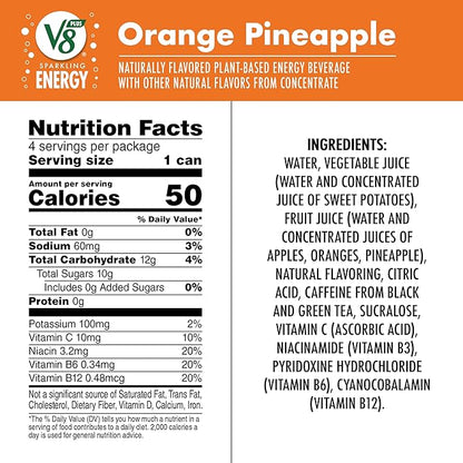 V8 +Energy Sparkling Orange Pineapple Juice Energy Drink, 11.5 fl oz Can (Pack of 16)