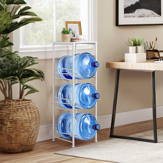 5 Gallon Water Bottle Jug Holder 3-Tier Water Bottle Holder Organizer with Top Shelf, Heavy Duty Water Dispenser Stand Rack for Kitchen Living Room Office, White