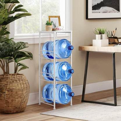 5 Gallon Water Bottle Jug Holder 3-Tier Water Bottle Holder Organizer with Top Shelf, Heavy Duty Water Dispenser Stand Rack for Kitchen Living Room Office, White