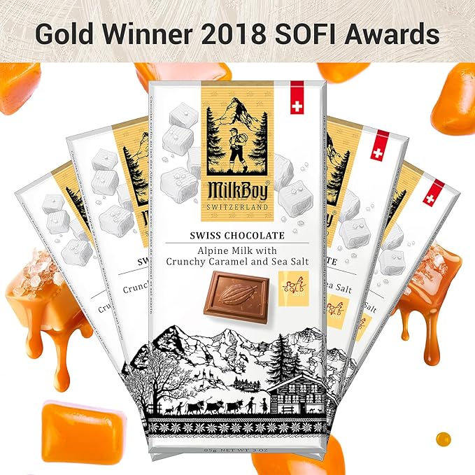 Milkboy Swiss Chocolates Milk Chocolates - Alpine Milk Chocolate Bars with Crunchy Caramel Sea Salt - Gluten-Free Non-GMO All Natural - Made in Switzerland - 3 oz, Pack 10