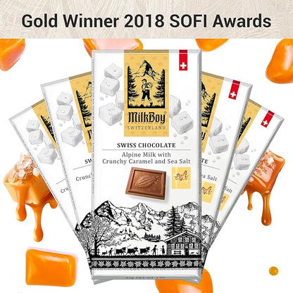Milkboy Swiss Chocolates Milk Chocolates - Alpine Milk Chocolate Bars with Crunchy Caramel Sea Salt - Gluten-Free Non-GMO All Natural - Made in Switzerland - 3 oz, Pack 5