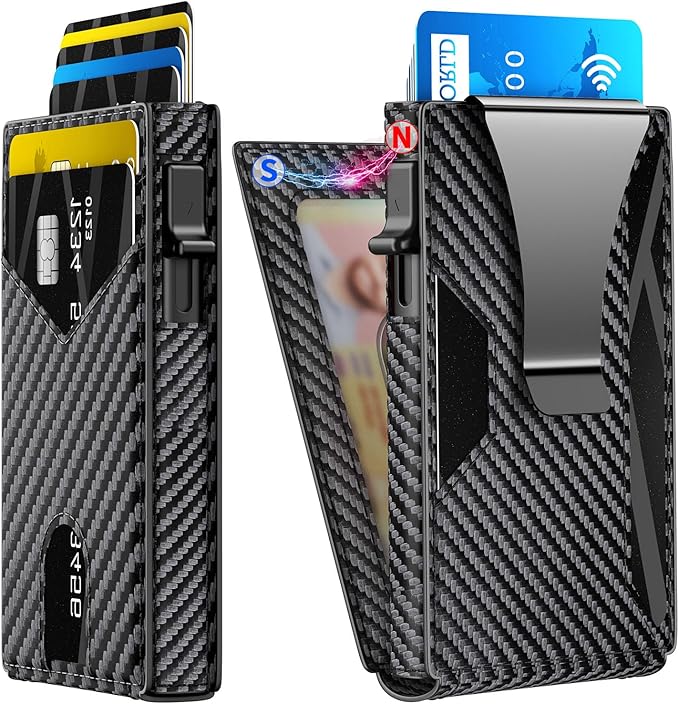 Wallet for Men Slim RFID Blocking -Metal Smart Pop-Up Credit Card Holder with 2 ID Windows, Holds 8-10 Cards,Bifold Minimalist Front Pocket Wallet & Money Clip,Men's accessories(Carbon)