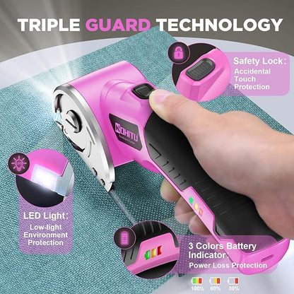 Cordless Electric Scissors: 4V Rechargeable Rotary Cardboard Cutter, 3000mAh Battery, with LED Light, 2 Blades, Box Cutter for Fabric Carpet Carton Plastic Leather Cloth (Pink)