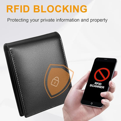 Genuine Leather Mens Wallet, RFID Blocking Bifold Wallet for Men with ID Window, 11 Credit Card Slots (Black)
