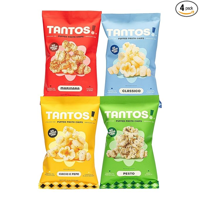 Tantos! Puffed Pasta Chips – Healthy Pasta Snack by Top Chef Joe Sasto – Plant-Based, Low Calorie, Crunchy Chips – Variety Pack – Marinara, Pesto, Cacio e Pepe, Classico – Gourmet Bold Flavors – (4oz-4 Pack (1 of Each Flavor), Variety)