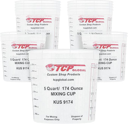 Custom Shop Paint Mixing Cups, 5-Quart (12 Pack) - Plastic Measuring Cups for Liquids, Automotive Painting, Epoxy Resin, Acrylic Arts, Crafts, Disposable or Reusable, Graduated, Mixing Ratios