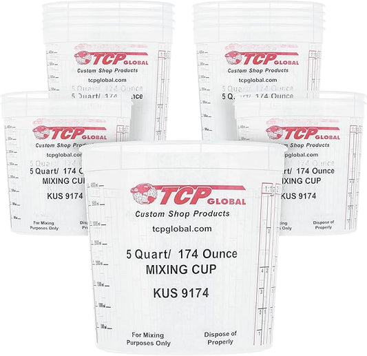 Custom Shop Paint Mixing Cups, 5-Quart (12 Pack) - Plastic Measuring Cups for Liquids, Automotive Painting, Epoxy Resin, Acrylic Arts, Crafts, Disposable or Reusable, Graduated, Mixing Ratios