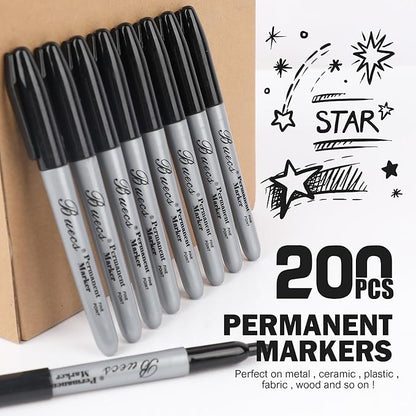 Permanent Markers, 200 Count Black Permanent Markers, Fine Point, Waterproof & Smear Proof Markers, Quick Drying, Office Supplies for School, Office, Home