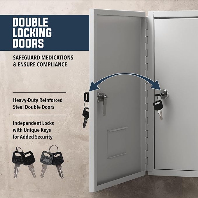 Durabox 2-Door Narcotics Cabinet - Double Door & Dual Key Lock Steel Cabinet for Safe Storage of Medicine, Prescription Drugs, Medical Supplies and More, 10" W x 15" H x 4-1/2"D (Grey, Small)