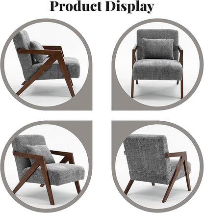 Mid Century Modern Accent Chair with Solid Wood Frame，Upholstered Chenille Living Room Arm Chairs with Pillow for Bedroom, Living Room, Reading Room, Balcony (1, Grey)