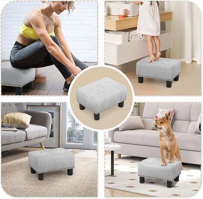 Athena Collection Small Foot Stool Ottoman with Storage, Rectangular Mini Ottoman with Legs Tufted Ottoman Foot Rest Stool Upholstered Ottoman Footstool with Nailhead Trim & Zipper, Light Gray