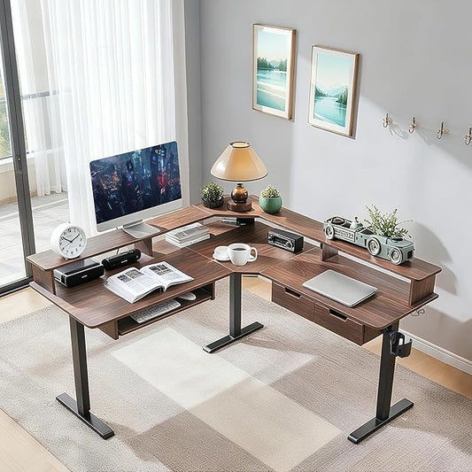 T4TREAM 60" Electric Standing Desk - L Shaped Desk with Monitor Stand, Charging Station & Remote Light, Home Office & Gaming Corner Computer Desk, Dark Walnut