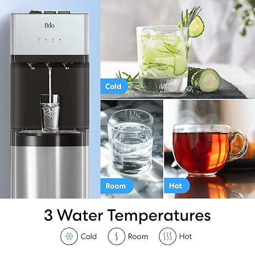 Brio 520 Bottom Load Water Cooler Dispenser for 5 Gallon Bottle w/ 2 Stage Filter | Hot Cold & Room Temp Water Options for Home & Office | Removes Chlorine, VOC's, Bad Taste & Chemicals