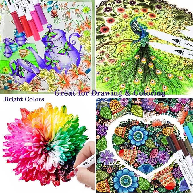 100 Colors Art Markers for Coloring,Coloring Pens,Dual Brush Tip Markers for Adult Drawing,Fine Tip Pens for Art,Journaling,Doodling & Lettering