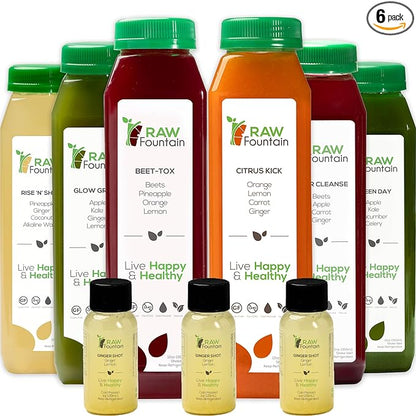 1 Day Juice Cleanse by Raw Fountain, All Natural Raw Detox Cleanse, Juicing for Body Reset, Cold Pressed Juice Fast, Great Way to Jumpstart a Healthy Diet 6 Bottles 12oz, 3 Ginger Shots