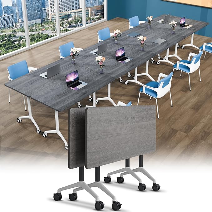 Conference Table, Foldable Conference Room Tables with Silent Wheels, Folding Modular Seminar Meeting Tables, Modern Rectangle Training Table for Office, Boardroom (2, Grey, 47.2)