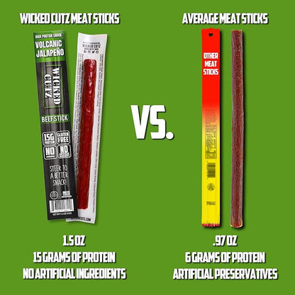 Wicked Cutz Volcanic Jalapeno Spicy Beef Sticks, Tender, Flavorful, Extra Large, Hot Beef Jerky Sticks with 15g of Protein Per Meat Stick, Gluten Free, High Protein, Healthy Snacks for Adults (12 Total)