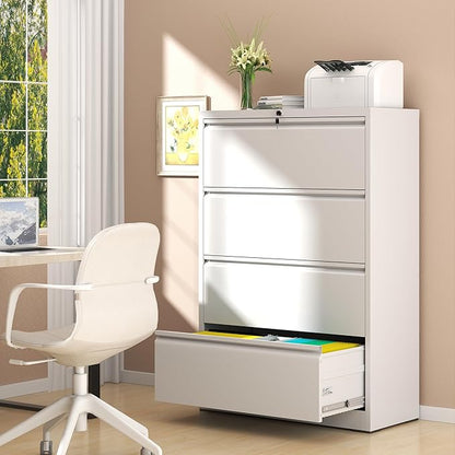 File Cabinet with Lock, 4 Drawer Lateral Filing Cabinet for Home Office, White Metal Heavy Duty File Cabinets for Hanging Letter/Legal/F4/A4 Size Files, Assembly Required