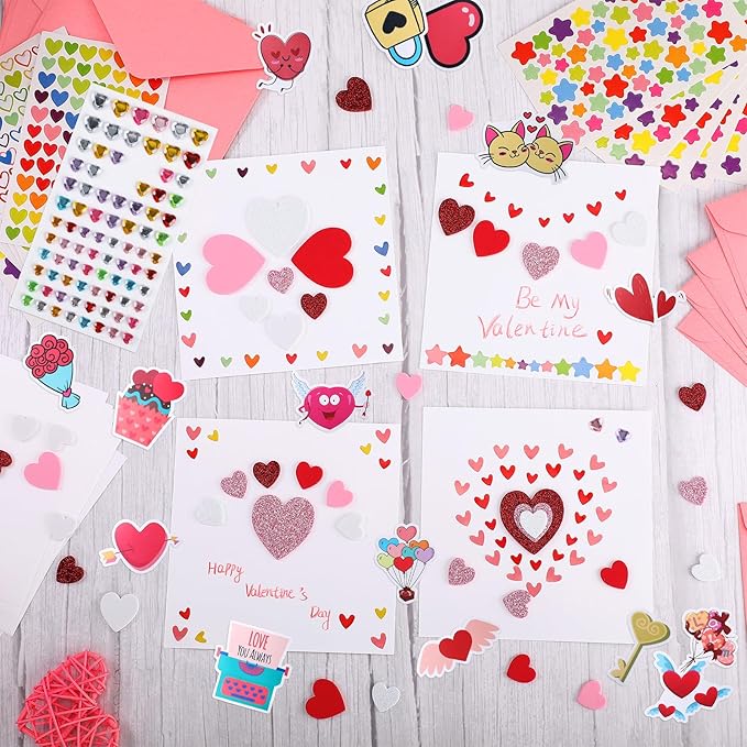 Zonon 32 Pack Valentines Crafts Set, Valentines DIY Card Valentines's Day Kits for Kids Girls Boys Foam Heart Sticker Craft DIY Kits Sticker Envelopes Cards Set for Classroom Exchange Gifts (Pink)