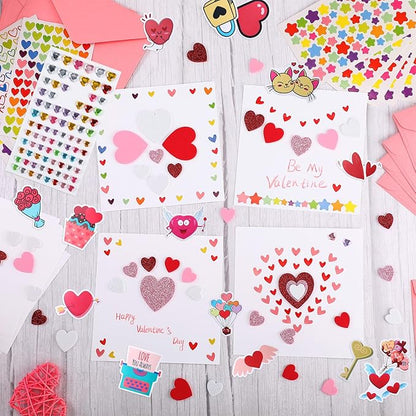 Zonon 32 Pack Valentines Crafts Set, Valentines DIY Card Valentines's Day Kits for Kids Girls Boys Foam Heart Sticker Craft DIY Kits Sticker Envelopes Cards Set for Classroom Exchange Gifts (Pink)