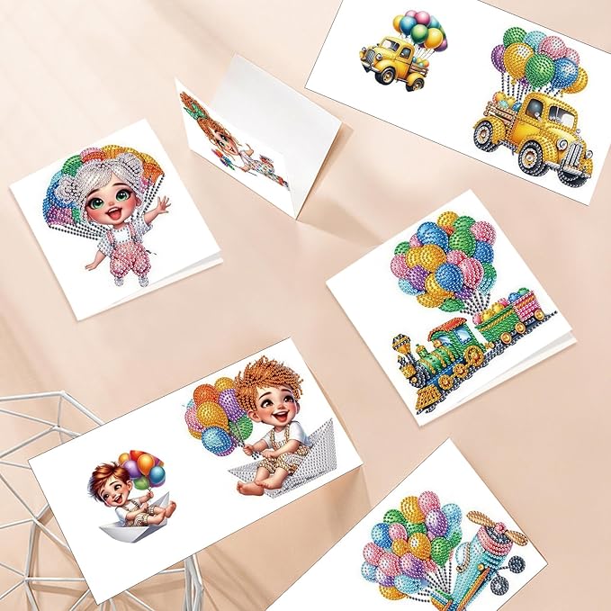 jinglinhh 12pcs Diamond Art Painting Balloon Pickup Truck Train Greeting Cards with Envelopes, DIY Card Making Kits for Adults, Diamond Art Christmas Cards for Birthday Holiday Postcards Craft Gifts