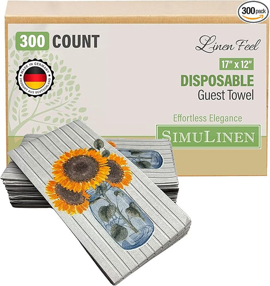 SimuLinen Decorative Sunflower Disposable Bathroom Guest Towels - Cloth-Like, Single-Use, Linen Feel Paper Towels, 12x17", 300ct (Made in Germany)