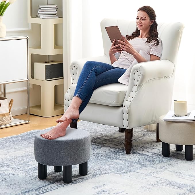 Cpintltr Linen Ottoman Round Footrest Stool Upholstered Step Stool Ottomans Sofa Stool 4 Wood Legs with Anti-Slip Pads Modern Accent Home Decor Suitable for Living Room Bedroom Entryway Dark Grey