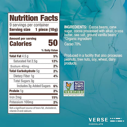 Verse Dark Chocolate Sea Salt Squares - Only 3g Cane Sugar - Creamy 70% Cocoa Dark Chocolate - Individually Wrapped Cacao Bar Squares (9 Count, 2 Pack)