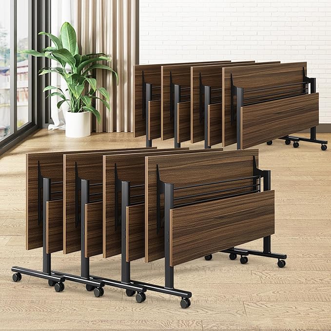 Conference Room Table, 55 Inch Folding Conference Tables with Wheels, Modern Office Meeting Table, Easy Flip & Nest Design, Rectangular Seminar Tables with Metal Frame for 2-24 People(D 8PCS)