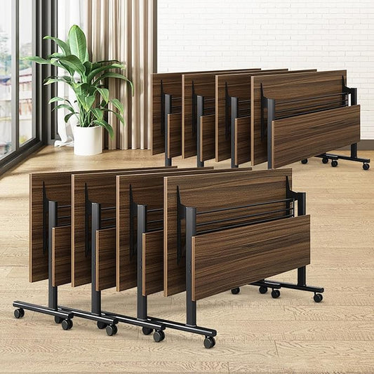 Conference Room Table, 55 Inch Folding Conference Tables with Wheels, Modern Office Meeting Table, Easy Flip & Nest Design, Rectangular Seminar Tables with Metal Frame for 2-24 People(D 8PCS)