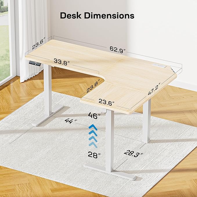 HUANUO 63″ Dual Motor L-Shaped Standing Desk, Built-in Power Outlets, Electric Height Adjustable Corner Computer Desk, Large Power Strip Holder, Sit Stand Up Desk with 3 Preset Heights, Natural Wood