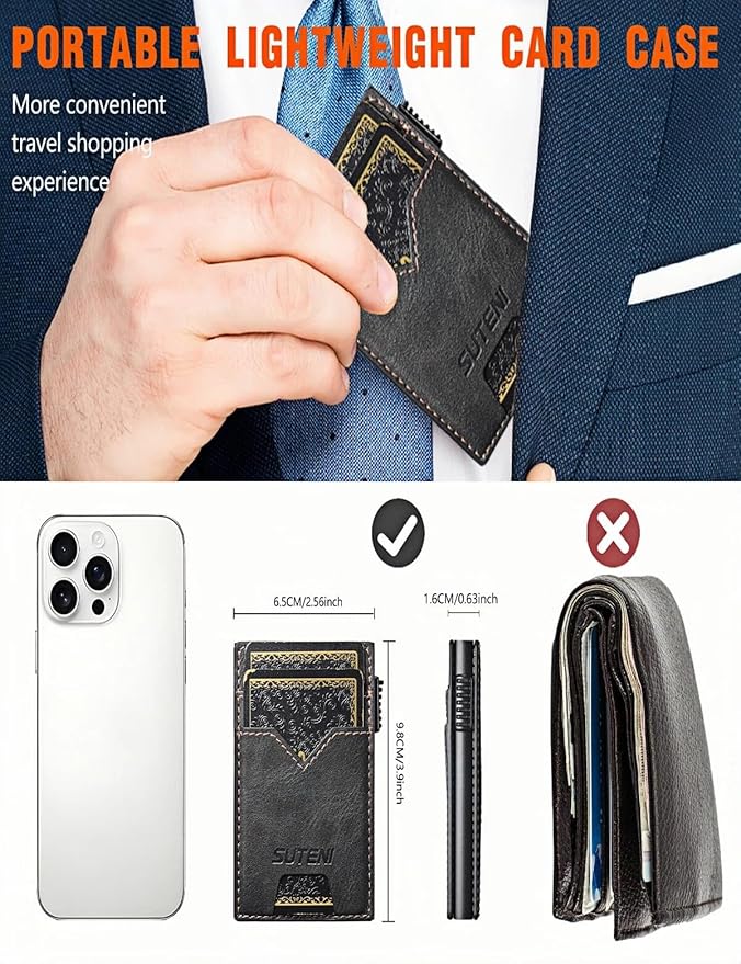 Men's Slim Wallet, RFID Blocking Metal Card Holder, Pop Up Design, Minimalist Style, Holds 9 Cards (Black)